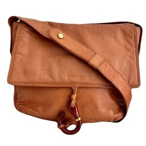 Vintage Loewe Amber Brown Leather Flap Shoulder Bag with Wooden Fishhook